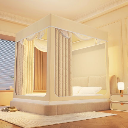 91家纺网 家纺一手货源 找家纺 （总）2025新款冬季保暖拉链式防摔蚊帐坐床含遮光帘纯色夹棉遮光款