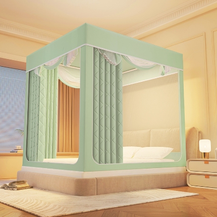 91家纺网 家纺一手货源 找家纺 （总）2025新款冬季保暖拉链式防摔蚊帐坐床含遮光帘纯色夹棉遮光款