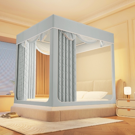 91家纺网 家纺一手货源 找家纺 （总）2025新款冬季保暖拉链式防摔蚊帐坐床含遮光帘纯色夹棉遮光款