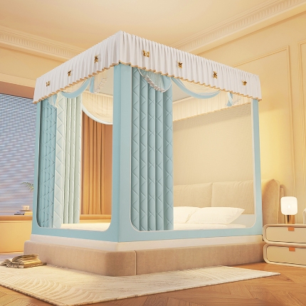 91家纺网 家纺一手货源 找家纺 （总）2025新款冬季保暖拉链式防摔蚊帐坐床含遮光帘纯色夹棉遮光款