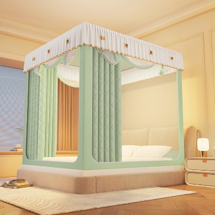 91家纺网 家纺一手货源 找家纺 （总）2025新款冬季保暖拉链式防摔蚊帐坐床含遮光帘纯色夹棉遮光款