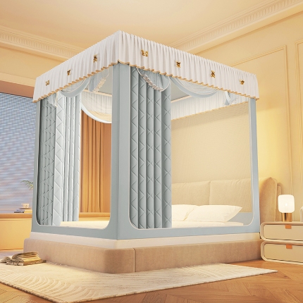 91家纺网 家纺一手货源 找家纺 （总）2025新款冬季保暖拉链式防摔蚊帐坐床含遮光帘纯色夹棉遮光款