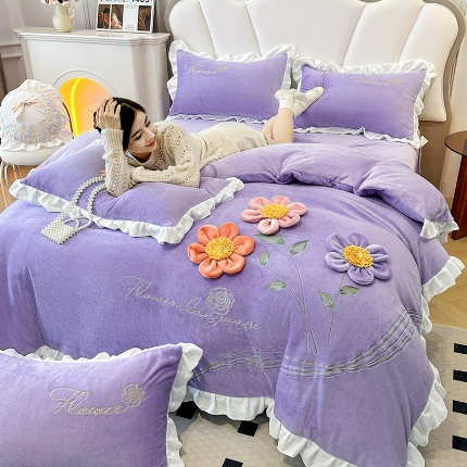 9斤高端韩版少女心法式公主风贴布绣花牛奶绒四件套小清新绒兔毛绒法莱绒床盖被套丝绒兔毛绒法莱绒床盖被套 锦上添花-梦幻紫 