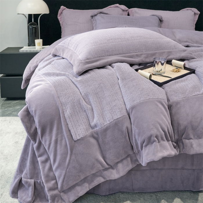 91家纺网 家纺一手货源 找家纺 榻尚家居 2024秋冬新品 加厚保暖牛奶婴肤绒 云貂绒四件套 水貂绒-紫灰色