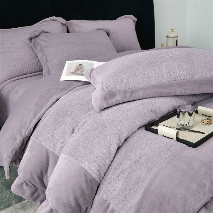 91家纺网 家纺一手货源 找家纺 榻尚家居 2024秋冬新品 加厚保暖牛奶婴肤绒 云貂绒四件套 水貂绒-紫灰色