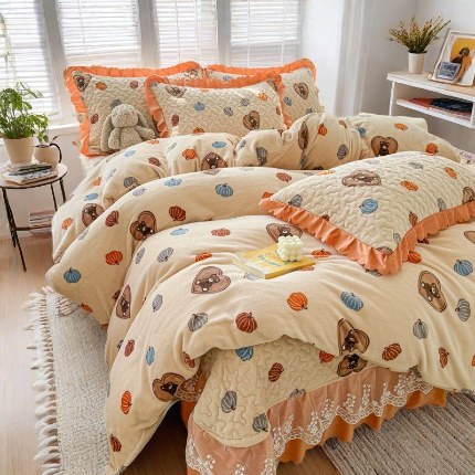 91家纺网 家纺一手货源 找家纺 2024新款牛奶绒百福床盖四件套床上牛奶绒四件套冬