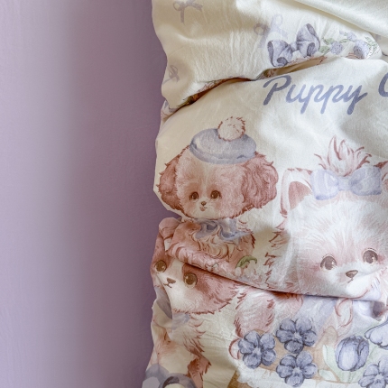 91家纺网 家纺一手货源 找家纺 温眠 2025新款亲肤柔软卡通印花水洗棉四件套 甜心萝莉狗