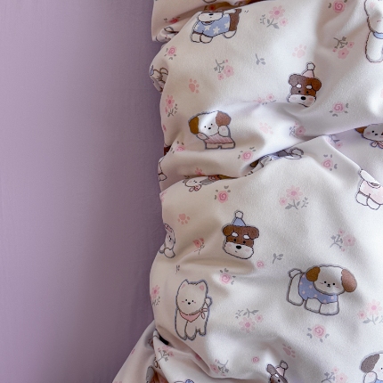 91家纺网 家纺一手货源 找家纺 温眠 2025新款亲肤柔软卡通印花水洗棉四件套 汪汪乐园