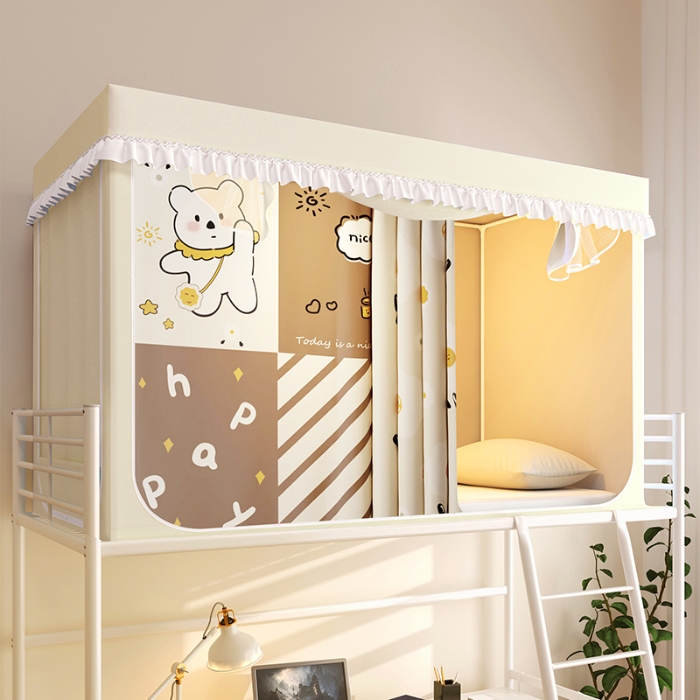 91家纺网 家纺一手货源 找家纺 2024新款物理强遮光纳米技术静电植绒环保透气床帘加密纱学生蚊帐