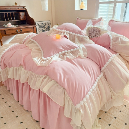 富盛家纺 2025新款水洗亲肤棉床裙款四件套公主风四件套 仙仙子—豆沙