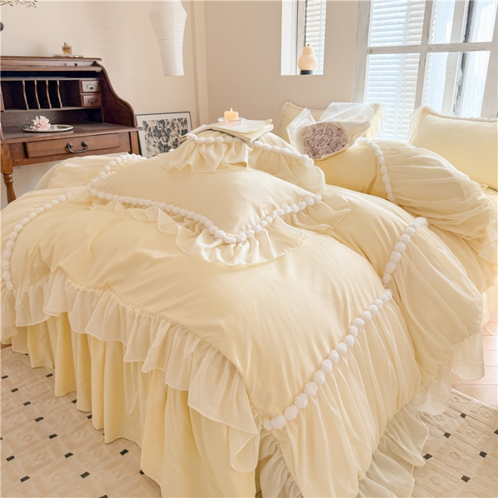 91家纺网 家纺一手货源 找家纺 富盛家纺 2025新款水洗亲肤棉床裙款四件套公主风四件套 仙仙子—黄