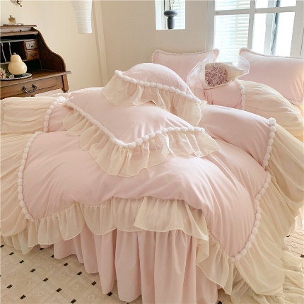 91家纺网 家纺一手货源 找家纺 （总）富盛家纺 2025新款水洗亲肤棉床裙款四件套公主风四件套