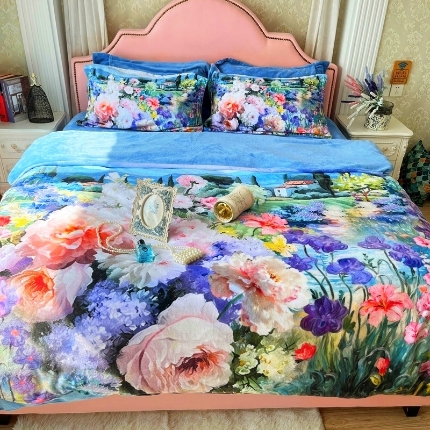 91家纺网 家纺一手货源 找家纺 （总）小鱼儿家纺 秋冬新款直播爆款高克重中高端牛奶绒四件套8D数码印花油画田园艺术轻奢美学风格大版花系列 【安娜王妃】吊边床单款