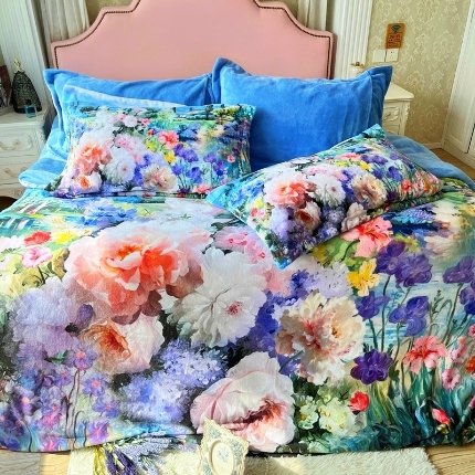 小鱼儿家纺 秋冬新款直播爆款高克重中高端牛奶绒四件套8D数码印花油画田园艺术轻奢美学风格大版花系列 吊边床单款【安娜王妃】