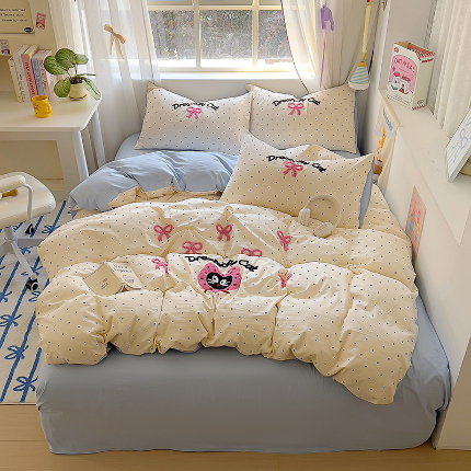 91家纺网 家纺一手货源 找家纺 （总）韩秀家纺 2025【提供买家秀】加厚115g超柔纯色云朵棉ins毛巾绣水洗棉四件套亲肤床笠刺绣花条纹格子-糯糯棉蛋糕和兔