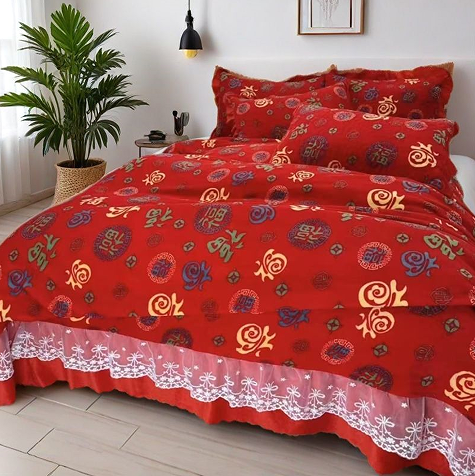 91家纺网 家纺一手货源 找家纺 2024新款牛奶绒百福床盖四件套床上牛奶绒四件套冬