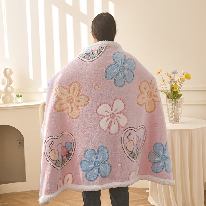 91家纺网 家纺一手货源 找家纺 恋佳居 2025新款羊羔绒包边雪花绒小清新毛毯 花海