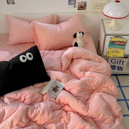 韩秀家纺 2024新款超柔水洗棉双层纱大眼睛款纯色四件套 优雅粉玉