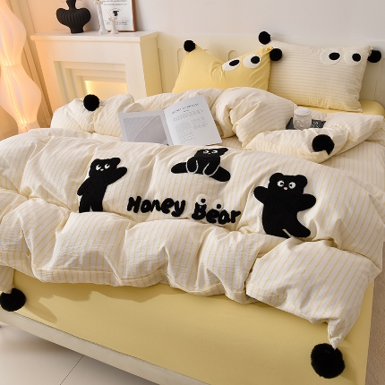 91家纺网 家纺一手货源 找家纺 （总）炫拼家纺 2025新款毛球卡通毛巾绣A类全棉40支水洗棉四件套