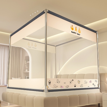 91家纺网 家纺一手货源 找家纺 防摔蚊帐2025新款高级蒙古包家用卧室加粗儿童防止掉床超大空间免安装床笠卡通印花