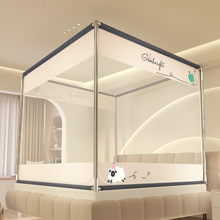 91家纺网 家纺一手货源 找家纺 防摔蚊帐2025新款高级蒙古包家用卧室加粗儿童防止掉床超大空间免安装床笠卡通印花