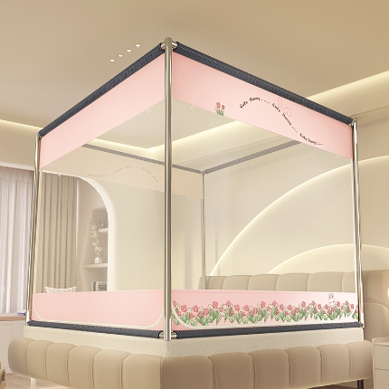 91家纺网 家纺一手货源 找家纺 防摔蚊帐2025新款高级蒙古包家用卧室加粗儿童防止掉床超大空间免安装床笠卡通印花