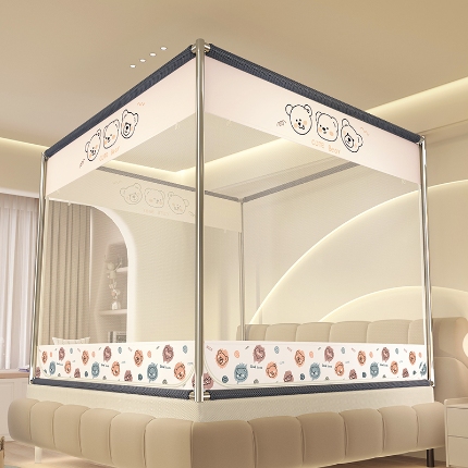 91家纺网 家纺一手货源 找家纺 防摔蚊帐2025新款高级蒙古包家用卧室加粗儿童防止掉床超大空间免安装床笠卡通印花