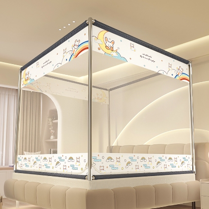 91家纺网 家纺一手货源 找家纺 防摔蚊帐2025新款高级蒙古包家用卧室加粗儿童防止掉床超大空间免安装床笠卡通印花