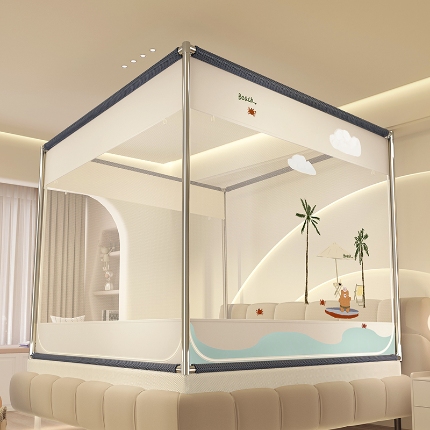 91家纺网 家纺一手货源 找家纺 （总）防摔蚊帐特密帐纱卡通樱花外穿床笠三开门加粗支架蒙古包公主风家用免安装坐床方顶大空间