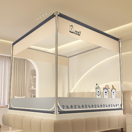 91家纺网 家纺一手货源 找家纺 （总）防摔蚊帐特密帐纱卡通樱花外穿床笠三开门加粗支架蒙古包公主风家用免安装坐床方顶大空间