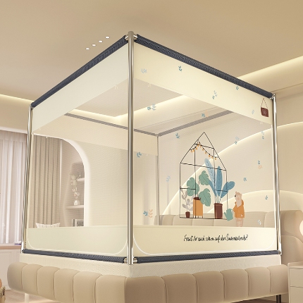 91家纺网 家纺一手货源 找家纺 （总）防摔蚊帐特密帐纱卡通樱花外穿床笠三开门加粗支架蒙古包公主风家用免安装坐床方顶大空间