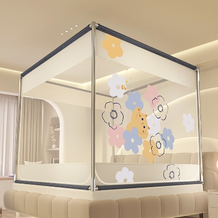 91家纺网 家纺一手货源 找家纺 （总）防摔蚊帐特密帐纱卡通樱花外穿床笠三开门加粗支架蒙古包公主风家用免安装坐床方顶大空间