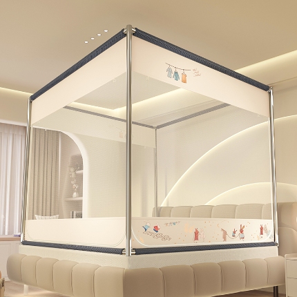 91家纺网 家纺一手货源 找家纺 防摔蚊帐2025新款高级蒙古包家用卧室加粗儿童防止掉床超大空间免安装床笠卡通印花