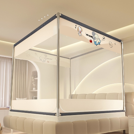 91家纺网 家纺一手货源 找家纺 防摔蚊帐2025新款高级蒙古包家用卧室加粗儿童防止掉床超大空间免安装床笠卡通印花