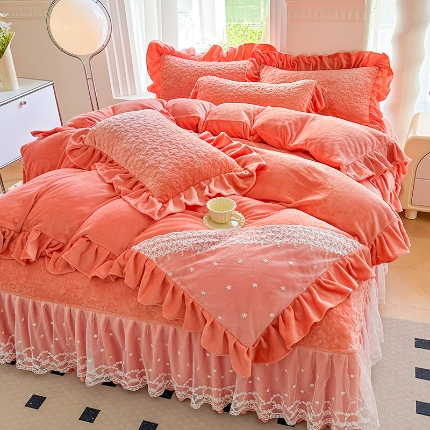 2025秋冬新款220g全消光牛奶绒床盖四件套12斤重加厚婴儿绒法莱绒床裙款床盖款四件套 浪漫花语—艾玛橙 