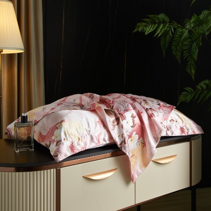 黄鹂鸟 2025新款高端轻奢丝滑裸睡丝绸印花水洗真丝天丝单品枕套 花开富贵粉