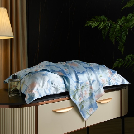 黄鹂鸟 2025新款高端轻奢丝滑裸睡丝绸印花水洗真丝天丝单品枕套 花开富贵蓝