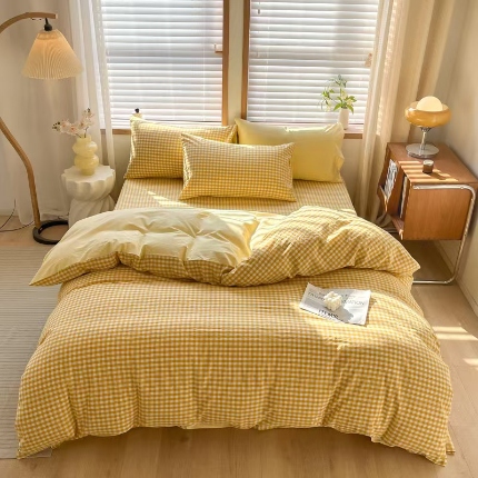 绒裕家纺 2025新款全棉直播热款130克加厚磨毛四件套系列学生宿舍三件套 黄小格