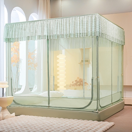 91家纺网 家纺一手货源 找家纺 （总）2025新款坐床花边蚊帐家用卧室免安装防摔儿童婴儿防止掉床公主风格子床笠加粗支架