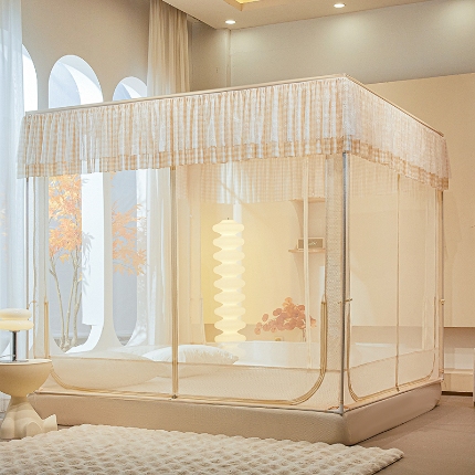 91家纺网 家纺一手货源 找家纺 （总）2025新款坐床花边蚊帐家用卧室免安装防摔儿童婴儿防止掉床公主风格子床笠加粗支架