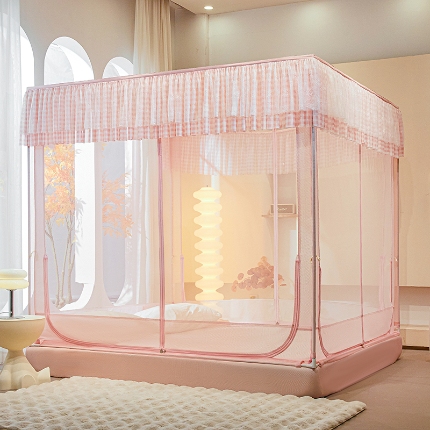 91家纺网 家纺一手货源 找家纺 （总）2025新款坐床花边蚊帐家用卧室免安装防摔儿童婴儿防止掉床公主风格子床笠加粗支架