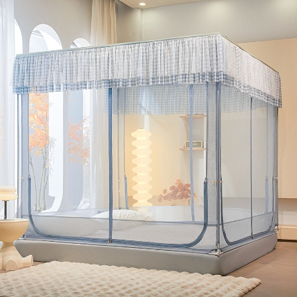 91家纺网 家纺一手货源 找家纺 （总）2025新款坐床花边蚊帐家用卧室免安装防摔儿童婴儿防止掉床公主风格子床笠加粗支架