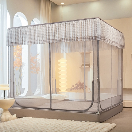 91家纺网 家纺一手货源 找家纺 （总）2025新款坐床花边蚊帐家用卧室免安装防摔儿童婴儿防止掉床公主风格子床笠加粗支架