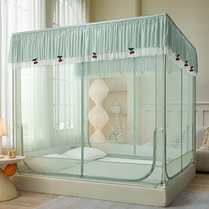 91家纺网 家纺一手货源 找家纺 （总）2025新款蚊帐高级家用卧室免安装防摔儿童蒙古包花边小清新床笠底婴儿防止掉床加粗支架法式