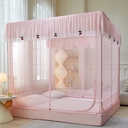 91家纺网 家纺一手货源 找家纺 （总）2025新款蚊帐高级家用卧室免安装防摔儿童蒙古包花边小清新床笠底婴儿防止掉床加粗支架法式