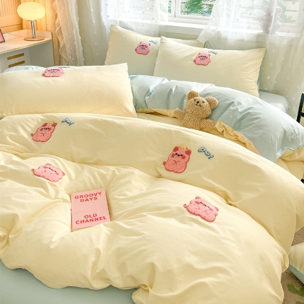 （总）丽涵家纺 2025新品全棉纯色毛巾绣花可爱卡通四件套学生三件套