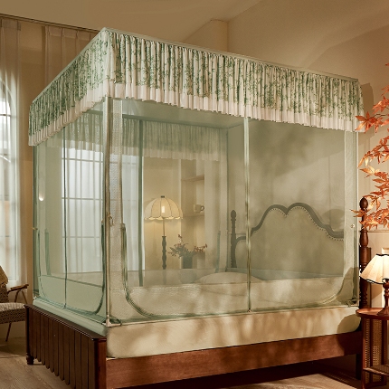 91家纺网 家纺一手货源 找家纺 （总）2025新款花边坐床蚊帐三开门加粗支架奢华高端儿童防摔家用床笠卧室浪漫刺绣免安装蒙古包