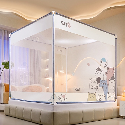 91家纺网 家纺一手货源 找家纺 （总）防摔蚊帐特密帐纱卡通樱花外穿床笠三开门加粗支架蒙古包公主风家用免安装坐床方顶大空间