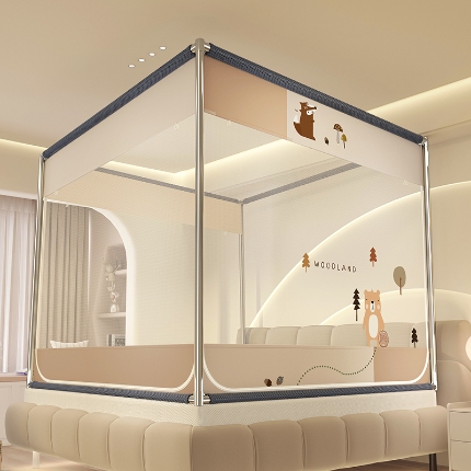 91家纺网 家纺一手货源 找家纺 （总）防摔蚊帐特密帐纱卡通樱花外穿床笠三开门加粗支架蒙古包公主风家用免安装坐床方顶大空间