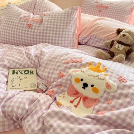 91家纺网 家纺一手货源 找家纺 （总）葡萄家 2025专版高克重超萌卡通格子双拼毛巾绣软糯糯水洗棉四件套